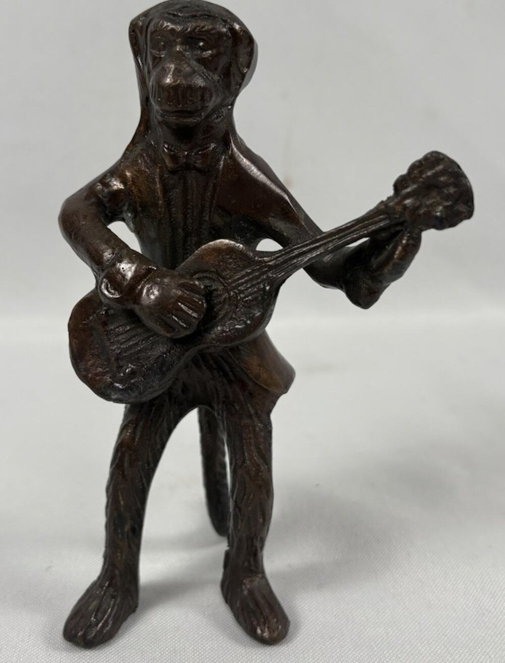 Vintage Heavy Cast Metal Monkey Playing Guitar Figurine -Brass/Bronze Tone -5””
